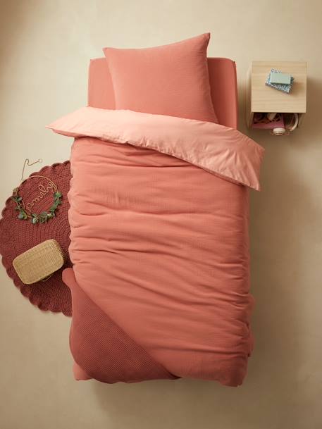 Parure housse de couette enfant et taie d'oreiller en gaze de coton bleu+rose+vert émeraude - vertbaudet enfant 