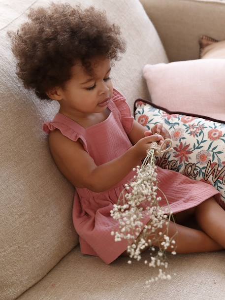 Robe bébé en gaze de coton bretelles à volants vert d'eau+vieux rose - vertbaudet enfant 