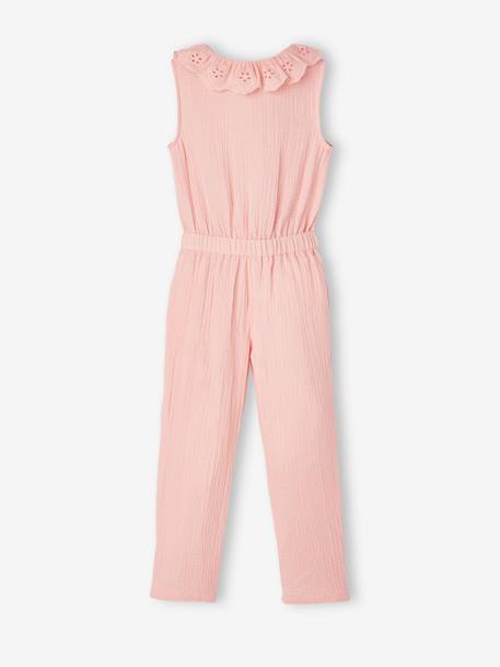 Cotton Gauze Jumpsuit for Babies, Broderie Anglaise Collar, for Girls pale pink - vertbaudet enfant 