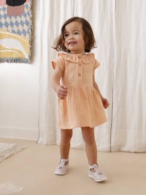Baby-Dresses & Skirts-Dress in Cotton Gauze with Frilled Collar, for Babies