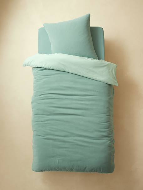 Parure housse de couette enfant et taie d'oreiller en gaze de coton bleu+rose+vert émeraude - vertbaudet enfant 