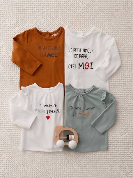 T-shirt à message bébé manches longues beige+blanc+bleu canard - vertbaudet enfant 