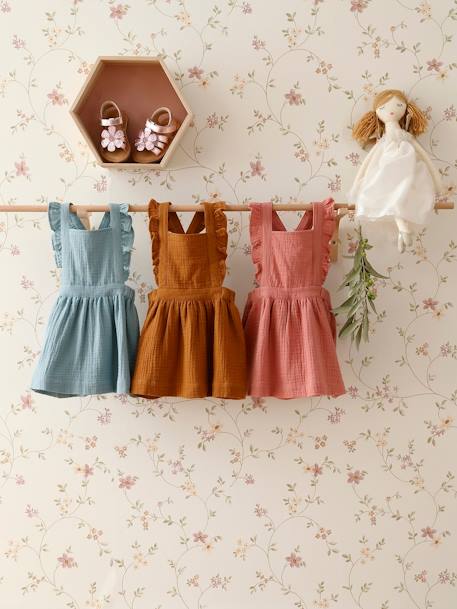 Dungaree Dress in Cotton Gauze, for Babies caramel+GREEN MEDIUM SOLID+Pink - vertbaudet enfant 