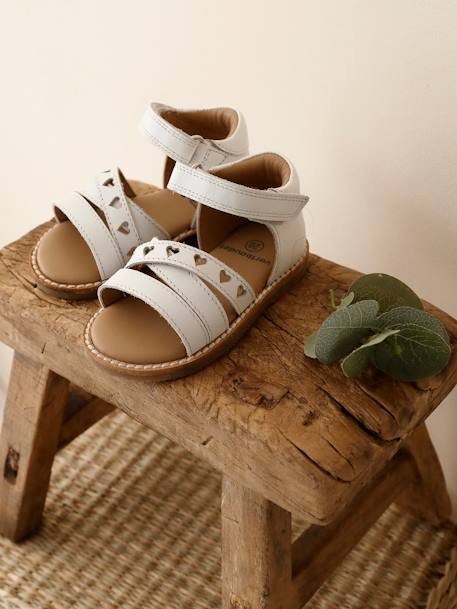 Leather Sandals with Touch-Fastener, for Baby Girls white - vertbaudet enfant 
