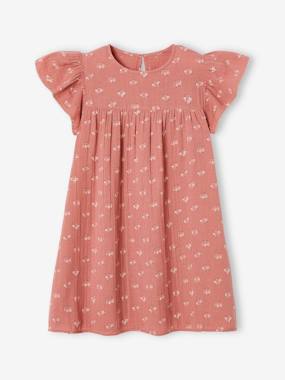 -Printed Dress with Butterfly Sleeves, in Cotton Gauze, for Girls