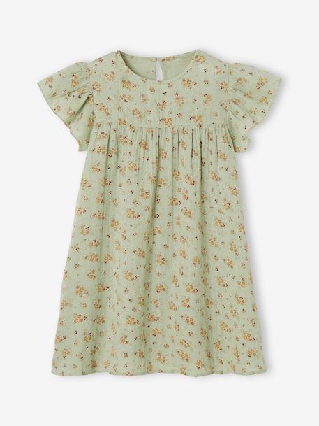 Printed Dress with Butterfly Sleeves, in Cotton Gauze, for Girls aqua green+BLUE LIGHT ALL OVER PRINTED+tomato red - vertbaudet enfant 