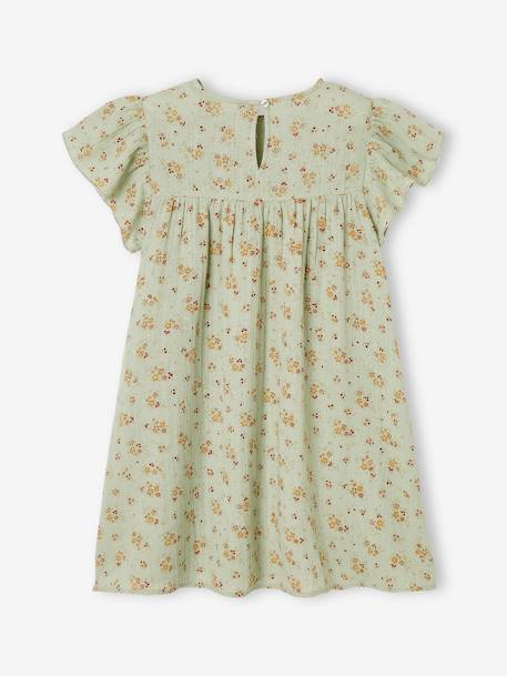 Printed Dress with Butterfly Sleeves, in Cotton Gauze, for Girls aqua green+tomato red - vertbaudet enfant 