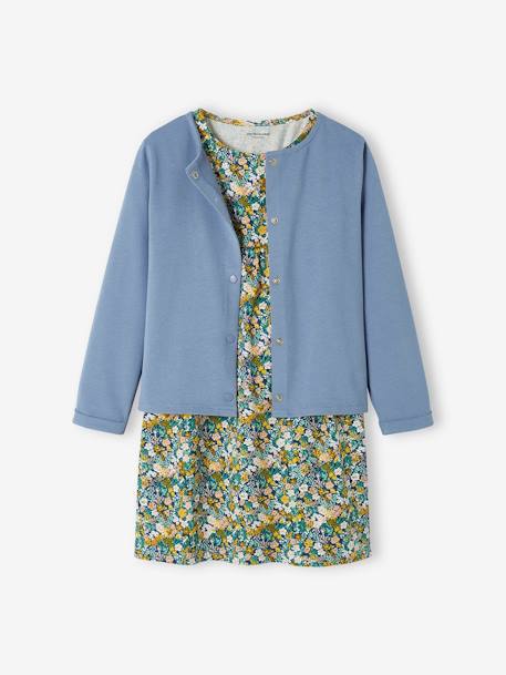 Ensemble robe + cardigan fille bleu grisé+bleu océan - robe imprimée fle+ivoire imprimé+mauve+vert émeraude - vertbaudet enfant 