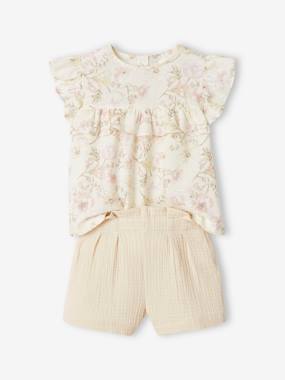 Girls-Outfits-Occasion Wear Outfit: Blouse with Ruffles & Shorts in Cotton Gauze, for Girls