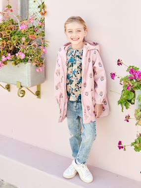 -Floral Raincoat with Hood, for Girls
