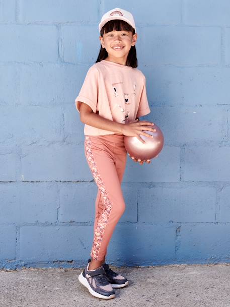 Sports Leggings in Techno Fabric & Floral Side Stripes for Girls terracotta - vertbaudet enfant 