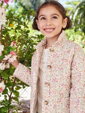 Girls-Coats & Jackets-Jackets-Padded Jacket with Floral Print for Girls