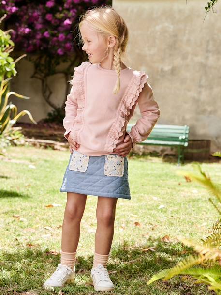 Sweatshirt with Embroidered Flowers on the Ruffles, for Girls rosy - vertbaudet enfant 