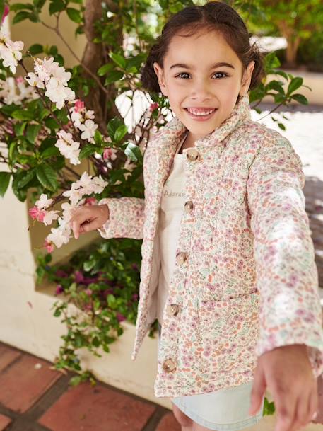 Padded Jacket with Floral Print for Girls ecru - vertbaudet enfant 