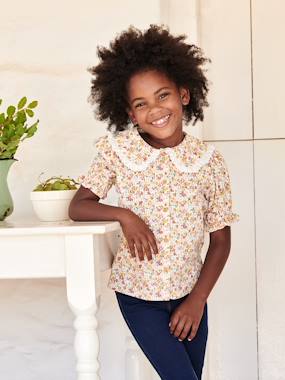 -Floral, Short Sleeve Blouse with Peter Pan Collar, for Girls
