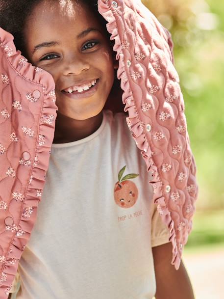 Bubble Sleeve Top with Fruit Motif on Chest for Girls ecru+pale pink - vertbaudet enfant 