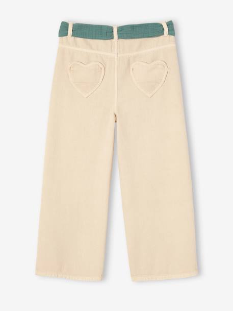 Flared Trousers in Cotton Gauze, with Belt, for Girls ecru+ink blue - vertbaudet enfant 