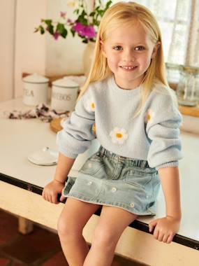 -Denim Skirt with Floral Embroidery, for Girls
