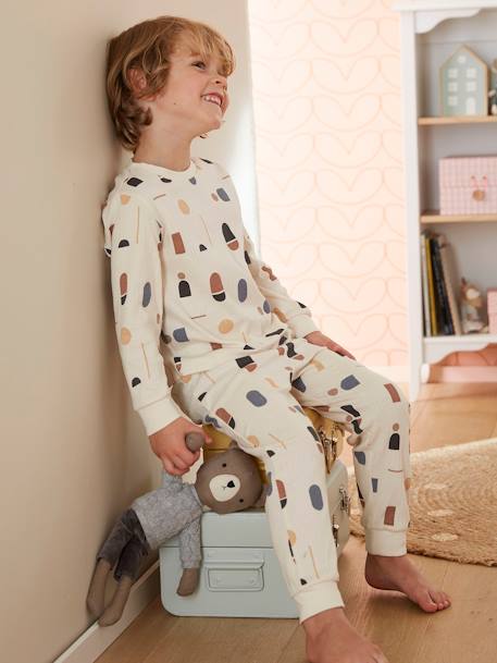 Plain Rib Knit Pyjamas with Geometric Print, for Boys ecru - vertbaudet enfant 