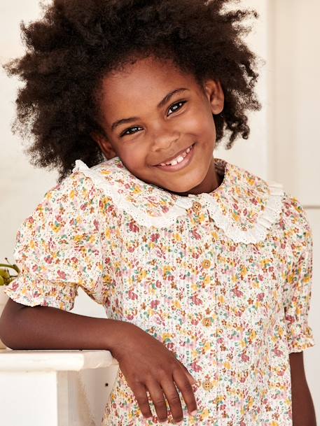 Chemise à fleurs col claudine fille manches courtes écru - vertbaudet enfant 