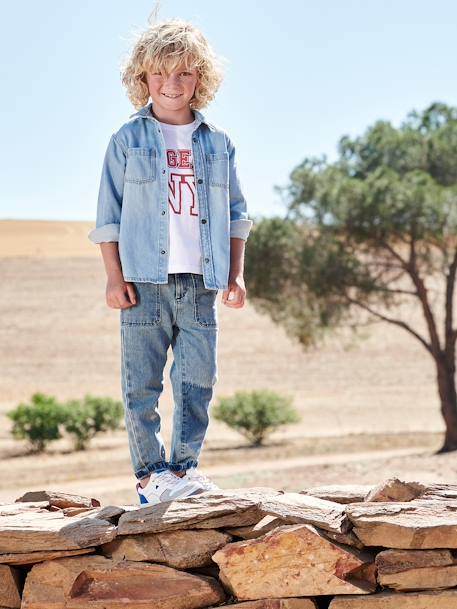Loose-Cut Straight Leg Jeans, Patches Effect, for Boys - double stone, Boys