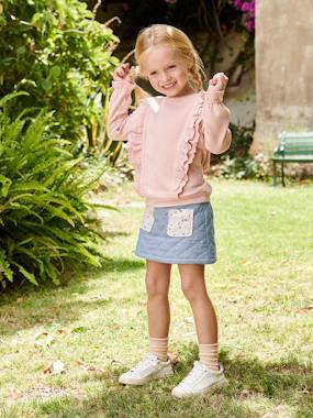 Girls-Quilted Denim Skirt, Floral Print Pockets, for Girls