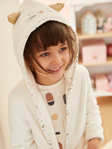 Cat Dressing Gown in Plush Fabric for Girls WHITE LIGHT SOLID WITH DESIGN - vertbaudet enfant 