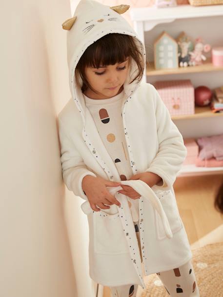 Cat Dressing Gown in Plush Fabric for Girls WHITE LIGHT SOLID WITH DESIGN - vertbaudet enfant 