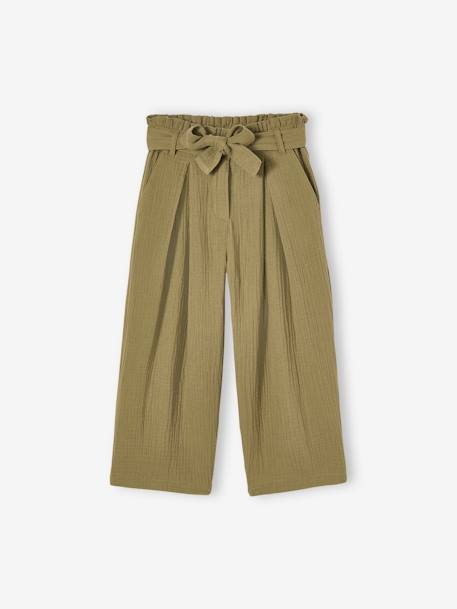 Cropped, Wide Leg Paperbag Trousers in Cotton Gauze for Girls khaki+old rose - vertbaudet enfant 