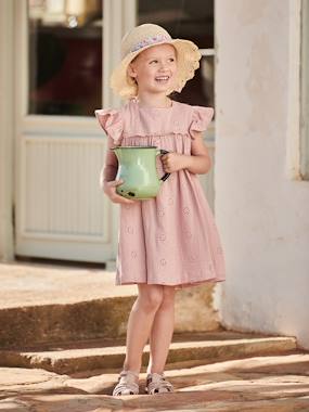 -Cotton Gauze Dress with Embroidered Flowers, for Girls