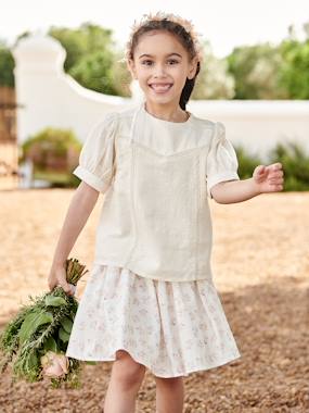 -Linen-Effect Blouse with Lace, for Girls