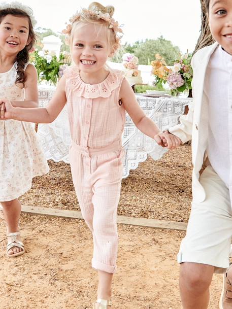 Cotton Gauze Jumpsuit for Babies, Broderie Anglaise Collar, for Girls pale pink+sage green - vertbaudet enfant 