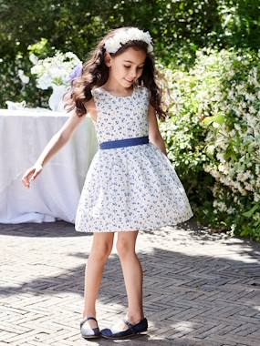 -Occasionwear Floral Dress in Plumetis with Belt that Ties on the Back for Girls