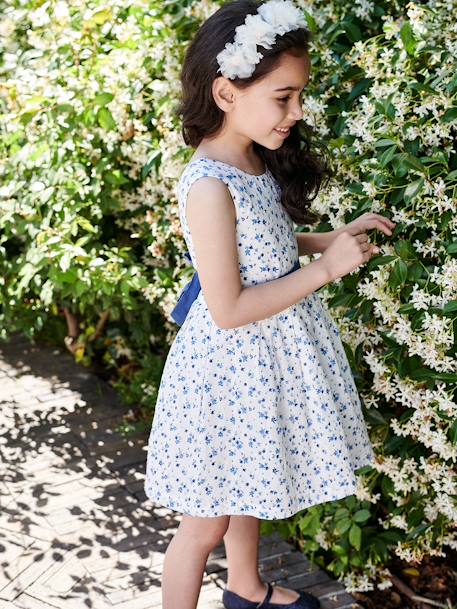 Occasionwear Floral Dress in Plumetis with Belt that Ties on the Back for Girls ecru - vertbaudet enfant 