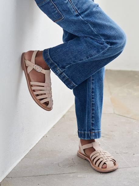 Leather Sandals for Girls sandy beige - vertbaudet enfant 