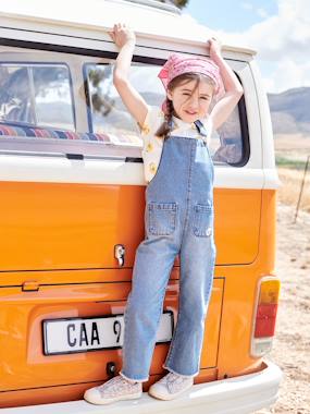 -Denim Dungarees with Embroidered Flower Detail for Girls