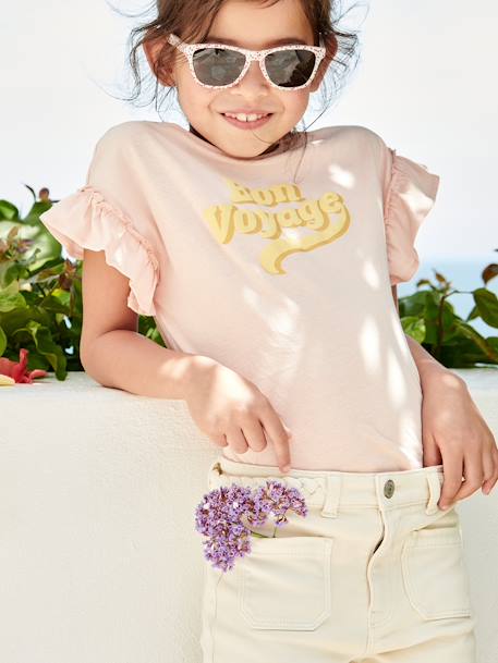 Short Sleeve T-Shirt with Message in Puff Ink & Ruffles, for Girls pale pink - vertbaudet enfant 