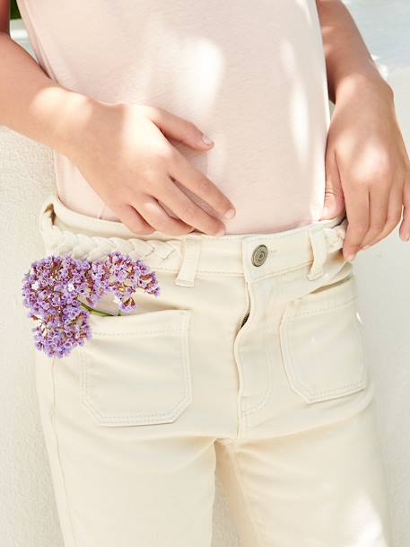 Flared Trousers with Fancy Braided Belt for Girls ecru - vertbaudet enfant 
