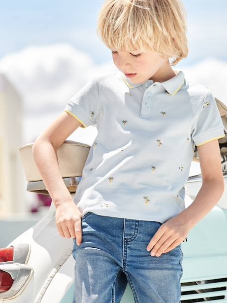 Printed Polo Shirt in Piqué Knit for Boys ecru+printed blue - vertbaudet enfant 