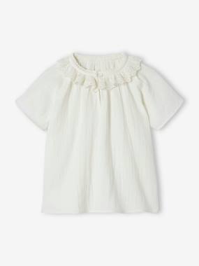 Girls-Blouses, Shirts & Tunics-Cotton Gauze Blouse for Girls, Broderie Anglaise Collar