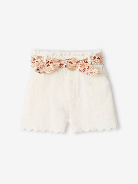 Cotton Gauze Shorts with Floral Belt for Babies ecru - vertbaudet enfant 