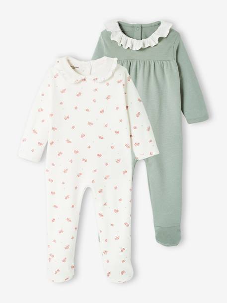 Pack of 2 Sleepsuits in Interlock Fabric, Collar in Cotton Gauze, for Baby Girls sage green - vertbaudet enfant 