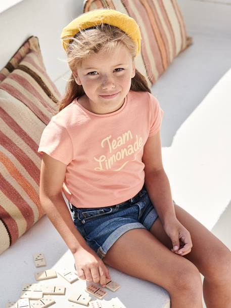 T-Shirt with Message, for Girls coral+fir green+navy blue+pale blue+red+sky blue+strawberry+sweet pink+vanilla - vertbaudet enfant 