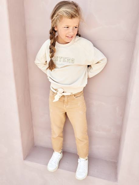 'Mom Fit' Trousers with Scarf Belt in Cotton Gauze for Girls emerald green+mustard+peach+PINK LIGHT SOLID+red - vertbaudet enfant 