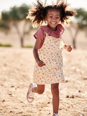 Girls-Dungaree Dress with Flowers, Frilly Straps