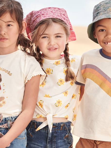 T-shirt imprimé fille avec noeud fantaisie écru+kaki+marine+rose mauve imprimé+vanille+vert - vertbaudet enfant 
