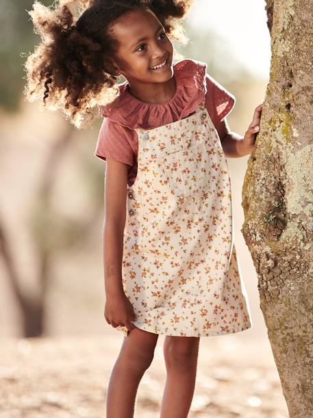 Dungaree Dress with Flowers, Frilly Straps pearly grey - vertbaudet enfant 