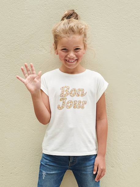 T-Shirt with Message in Flower Motifs for Girls ecru+navy blue+pale yellow+sky blue - vertbaudet enfant 