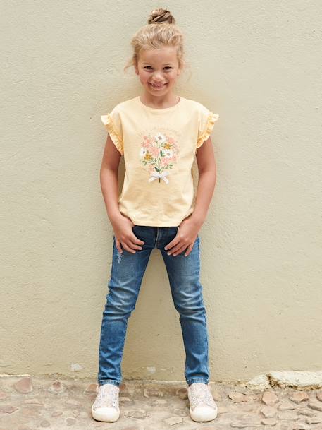 T-Shirt with Iridescent Motif & Short Ruffled Sleeves for Girls ecru+mauve+pale yellow - vertbaudet enfant 