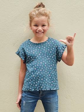 Girls-Rib Knit T-Shirt with Printed Flowers for Girls